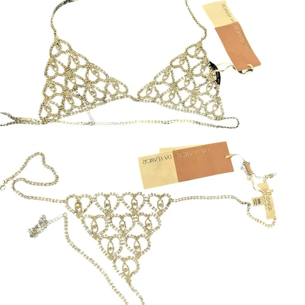DA VEAMOR  rhinestone body chain silver bikini bra and thong set, NWT